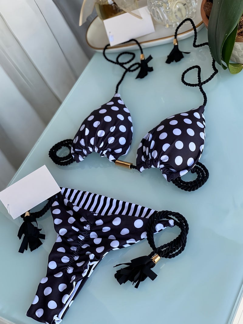 Printed Fabric Rope Bikini Triangle Swimsuit Swimwear - Image 1